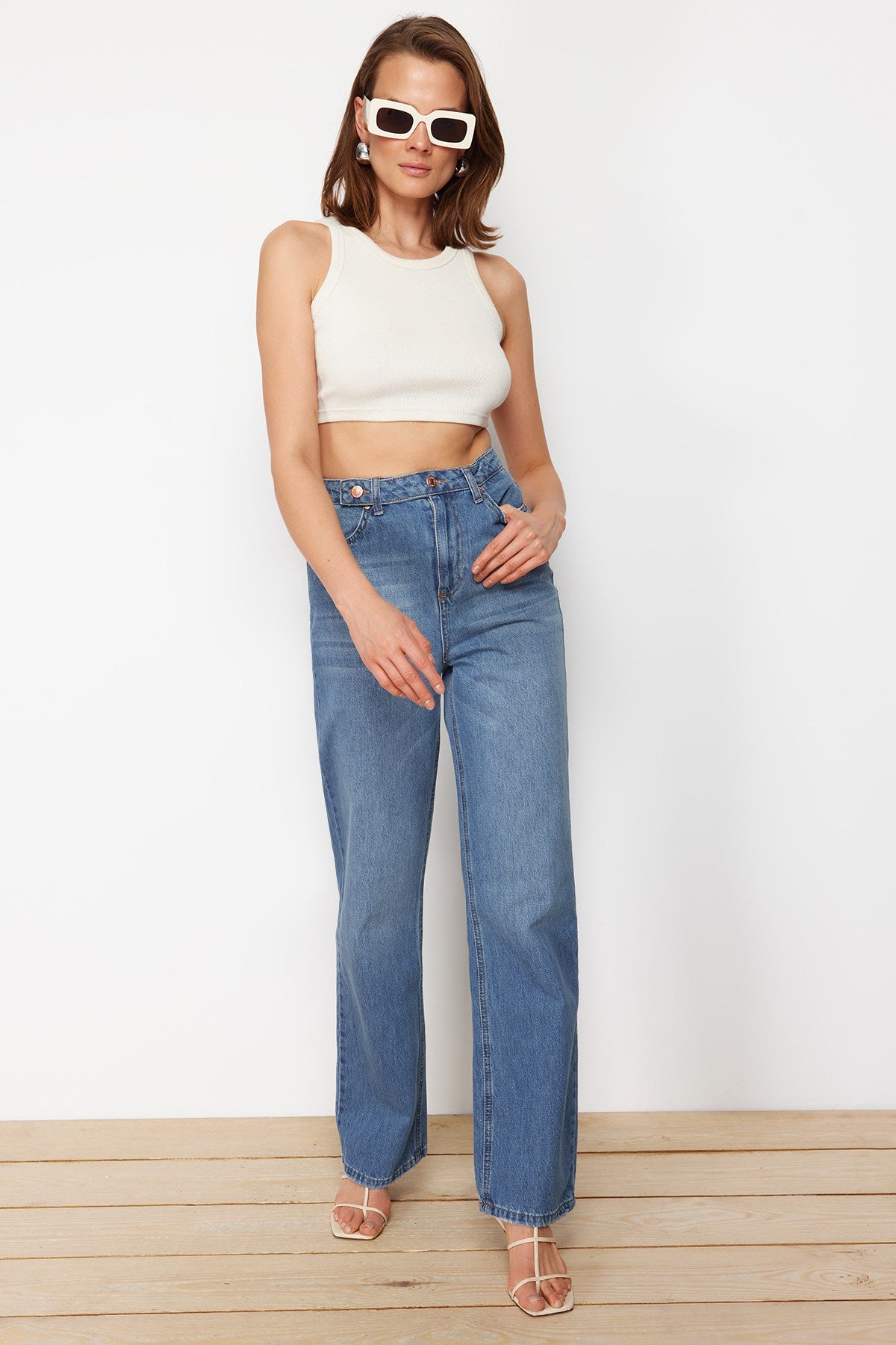 Blue Waist Detailed High Waist Wide Leg Jeans Twoss22je0675