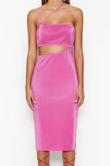 Pink Knitted Window/cut Out Detailed Textured Elegant Evening Dress Tprss23el00152