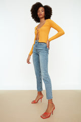 Blue Slit High Waist Straight Jeans Twoss22je0430