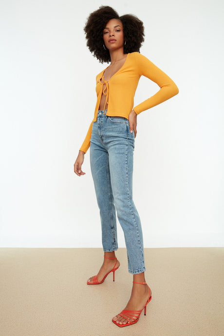 Blue Slit High Waist Straight Jeans Twoss22je0430