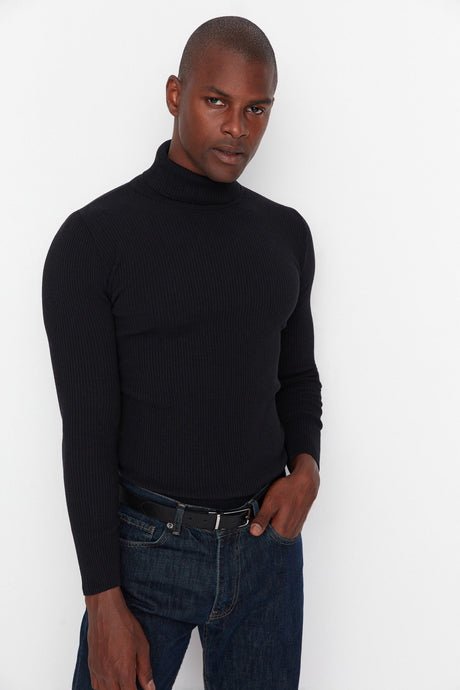 Grey Men's Slim Fit Turtleneck Ribbed Knit Basic Sweater Tmnaw20mg0031