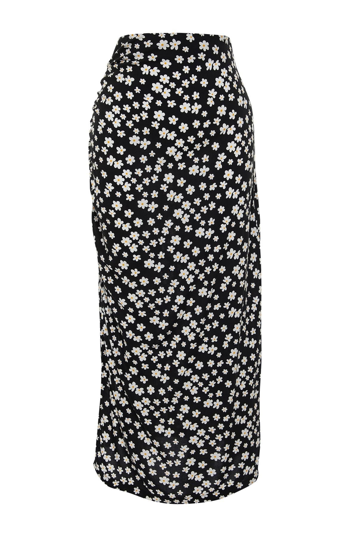 Black Daisy Print Slit Viscose Fabric Midi Woven Skirt Twoss24et00108