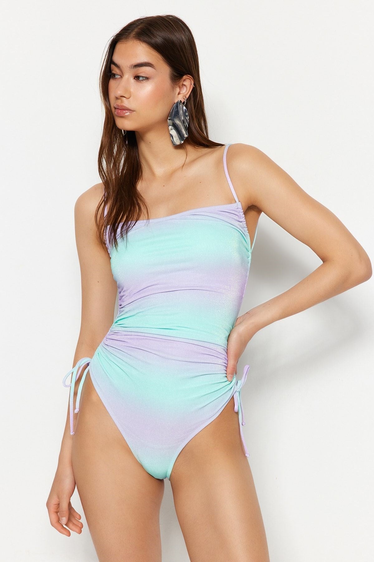 Gradient Patterned Strapless Draped Silvery High Leg Regular Swimsuit Tbess23ma00403