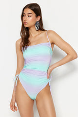 Gradient Patterned Strapless Draped Silvery High Leg Regular Swimsuit Tbess23ma00403