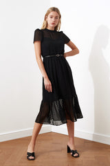 Black Belted A Cut Lined Midi Woven Dress Twoss20el0983