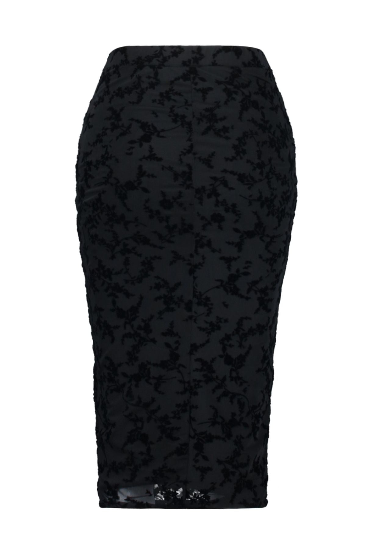 Black Flock Printed Tulle Lined Pencil Midi High Waist Flexible Knitted Skirt Twoaw24et00163