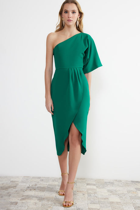 Emerald Green Waistband/skater Woven Midi Dress Tprss24el00028