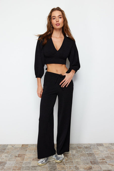 Black Summer Slim Drawstring Detailed Knitwear Bottom-top Suit Twoss24au00074