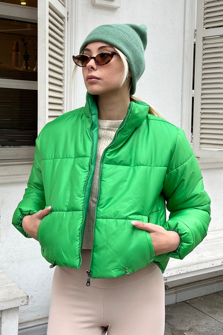 Women's Taba Stand Collar Double Pockets Elastic Waist Inflatable Puffer Coat Alc-x7684