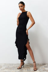 Black Straight Bodycone Zero Sleeve Slit Ruffle Detailed Flexible Thick Sandy Maxi Dress Twoss24el00