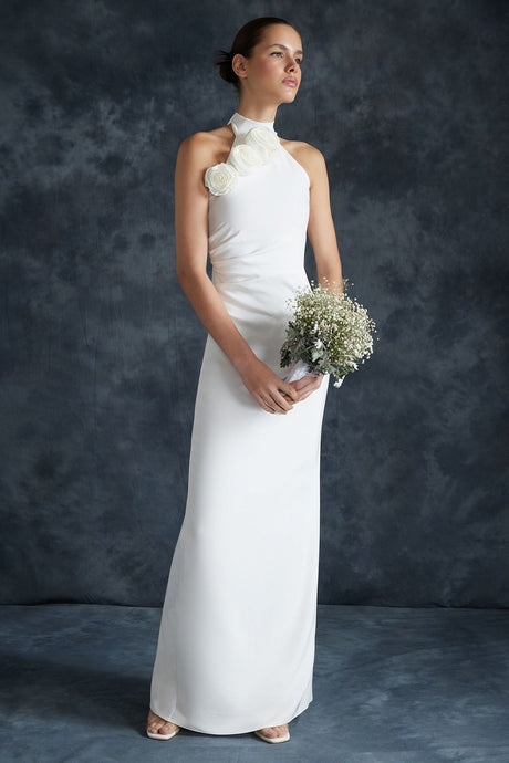 Bridal White Rose Detailed Elegant Evening Dress Tprss24ae00011