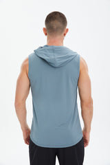 Men's Blue Cotton Plain Printed Pocket Hooded Sleeveless Casual Sports Zero Sleeve Athlete T-shirt T