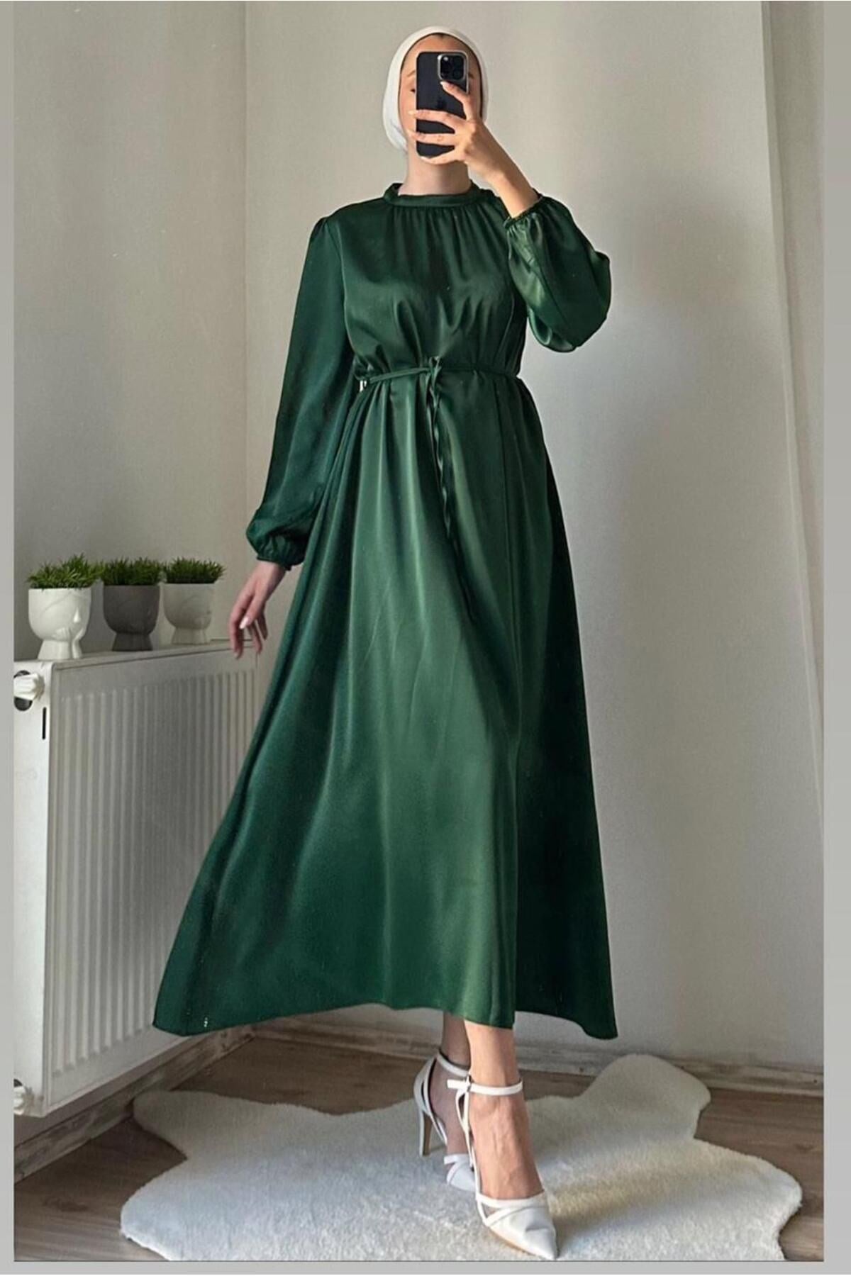 Women's Green (emerald) Belted Satin Evening Dress T 4242 23yabltr4242