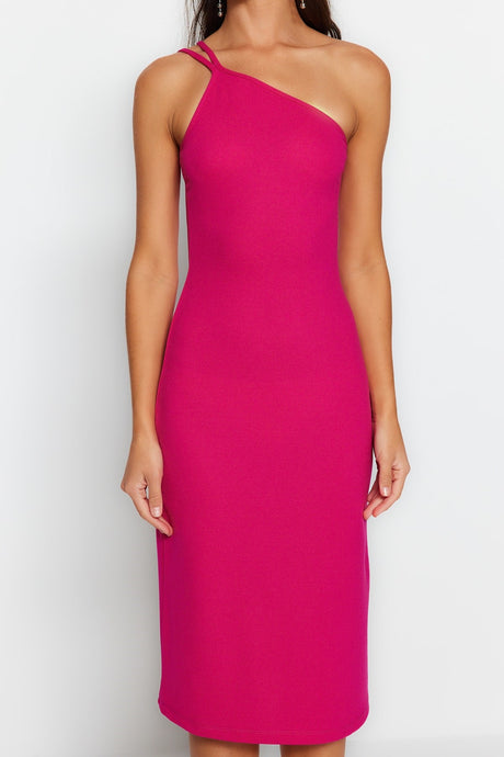 Fuchsia One Shoulder A-line Midi Smart Crepe Strappy Knitted Dress Twoss23el02303