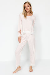 Powder Striped Lace Detailed Tshirt-pants Knitted Pajama Set Thmaw24pt00183