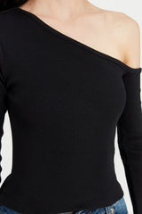 Black Fitted/body-fitting Asymmetrical Neckline Shoulder Open Ribbed Knit Blouse Twoaw23bz00088