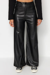 Black Faux Leather Wide Leg Pocket Detailed Knitted Pants Twoaw24pl00103