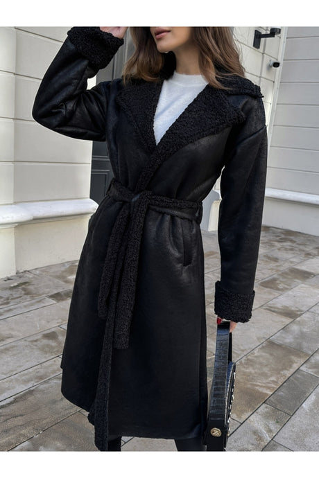 Long Coat With Brown Fur Belt 20099