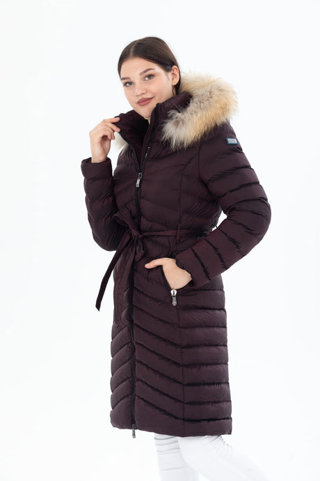 Women's Long Removable Fur Hooded Padded Waist Belt Waterproof Inflatable Coat 8529 1001m8529