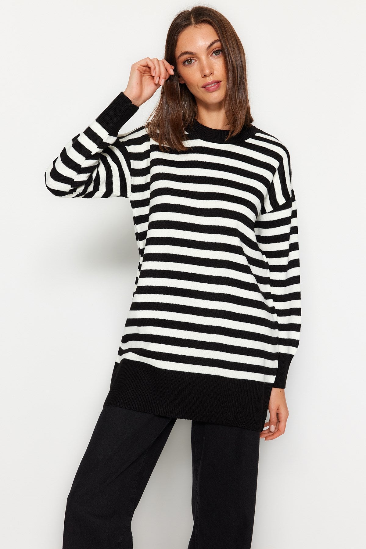 Beige Striped Knitwear Sweater Tctaw24ak00186