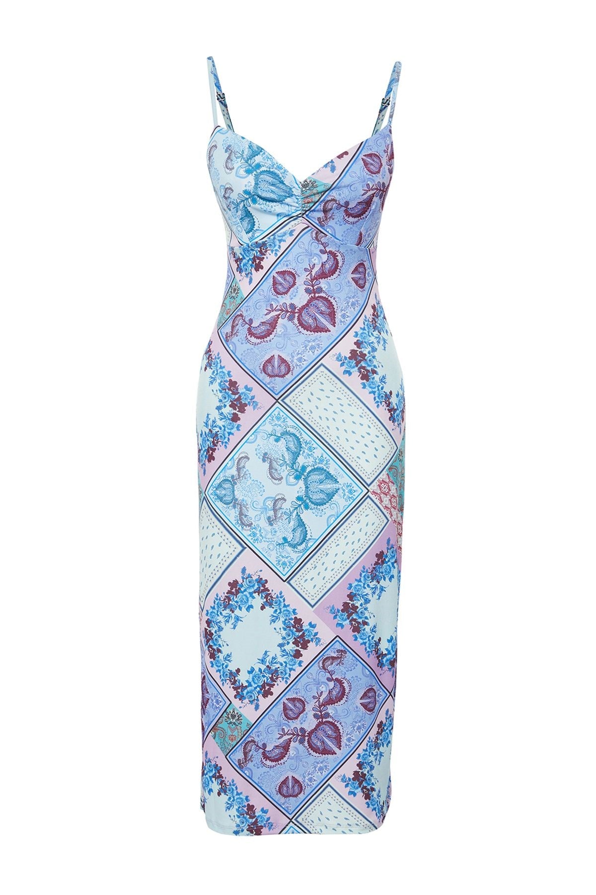 Blue Strappy Printed A Cut/bell Form Flexible Knitted Midi Pencil Dress Twoss24el00579