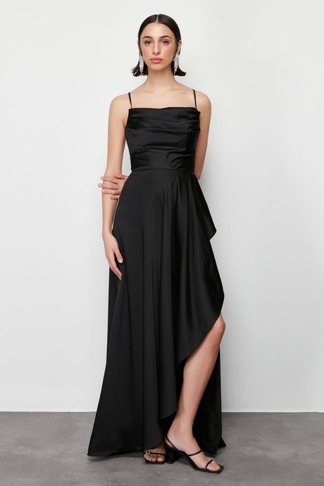 Black Draped Satin Long Night Evening Dress Tprss24ae00109