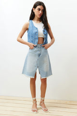 Blue Stitching Detailed Denim Skirt Twoss24et00094