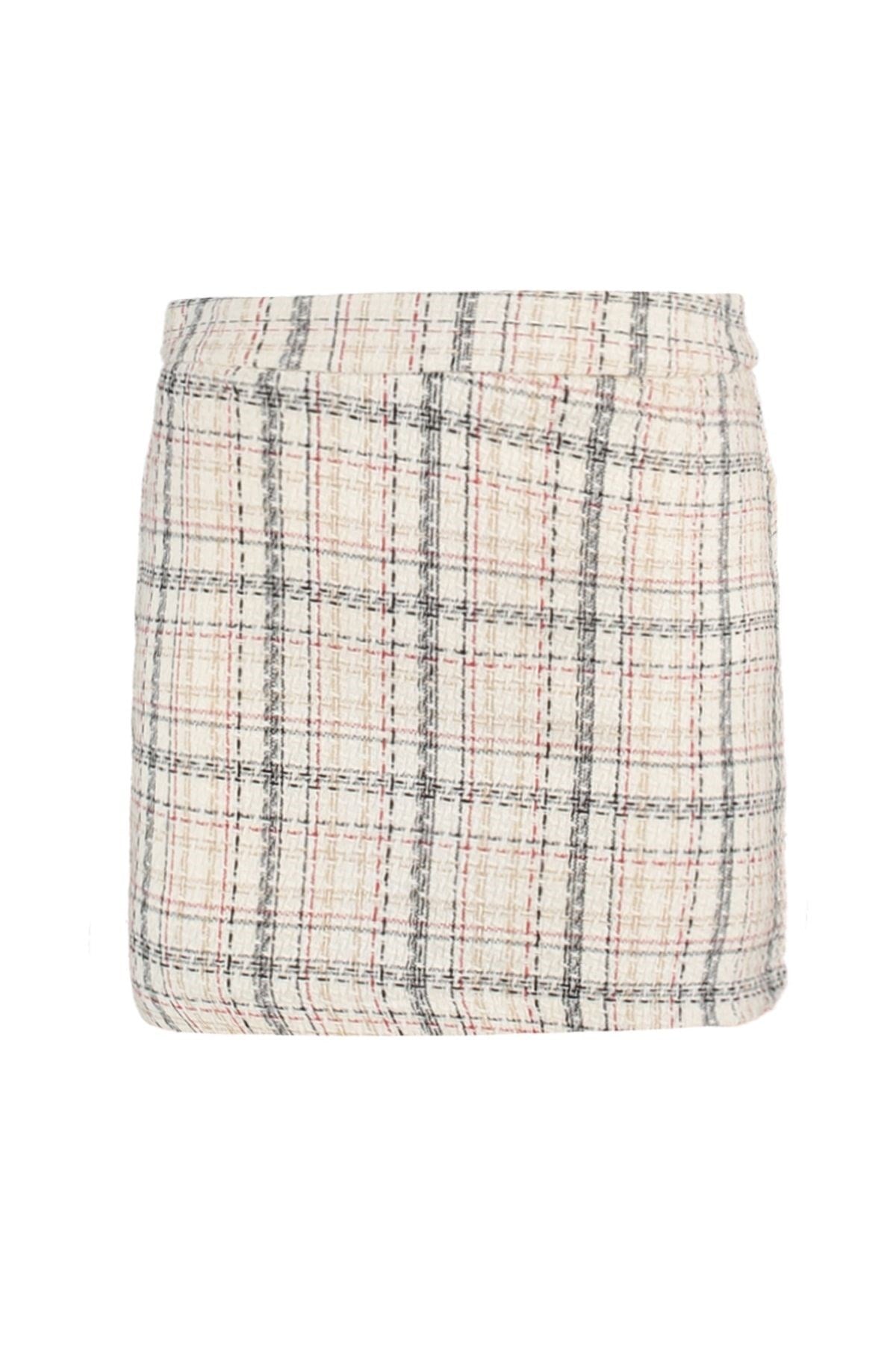 Ecru Plaid Pattern Tweed Fabric Mini Woven Skirt Twoaw23et00066