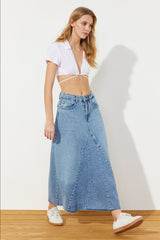 Blue Flounce Stitching Detailed High Waist Maxi Denim Skirt Twoss24et00012