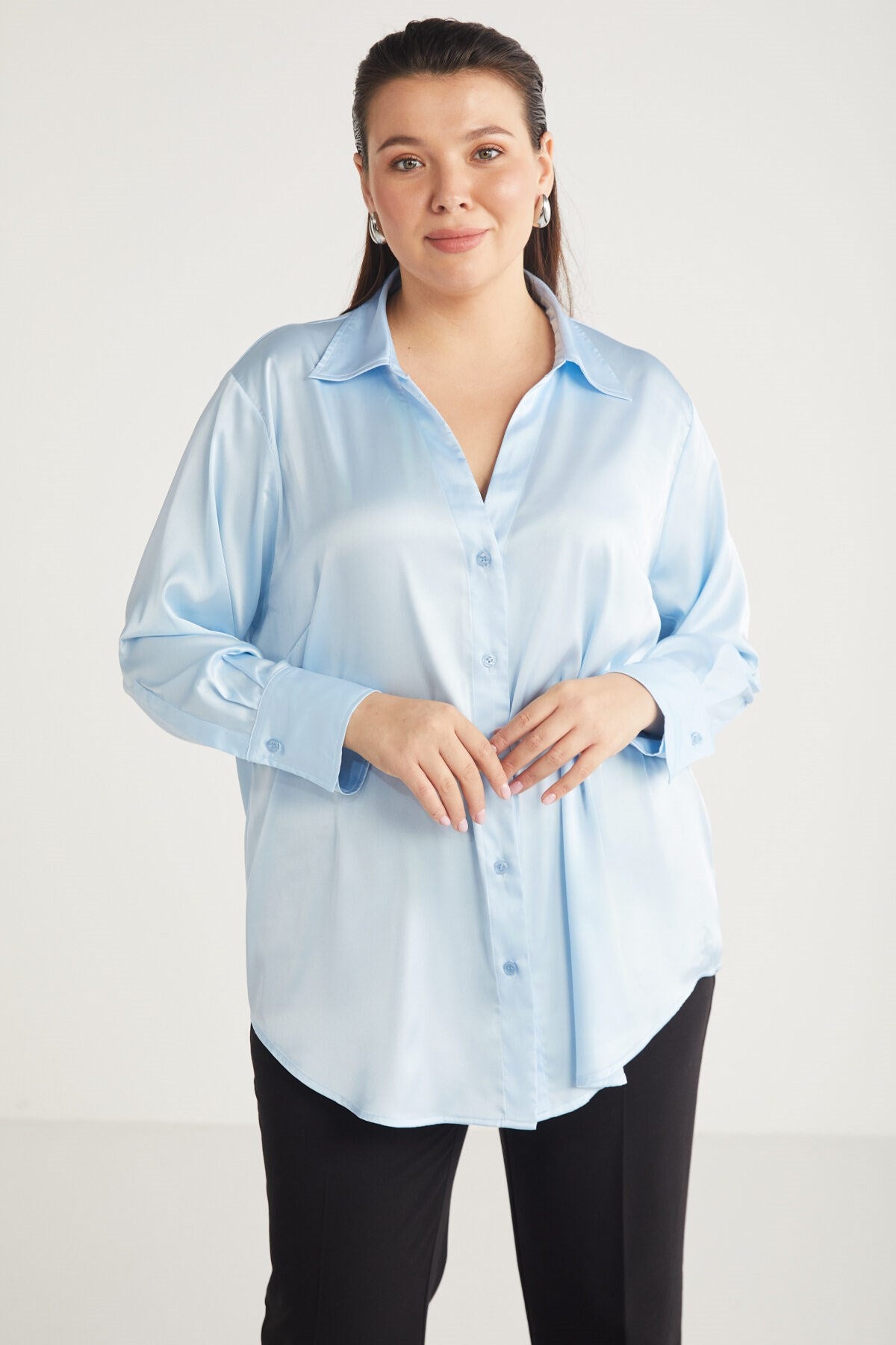 Alainabb Women's Plus Size Lycra Satin Look Cuff Wide Cut Shirt Alainabb01112023