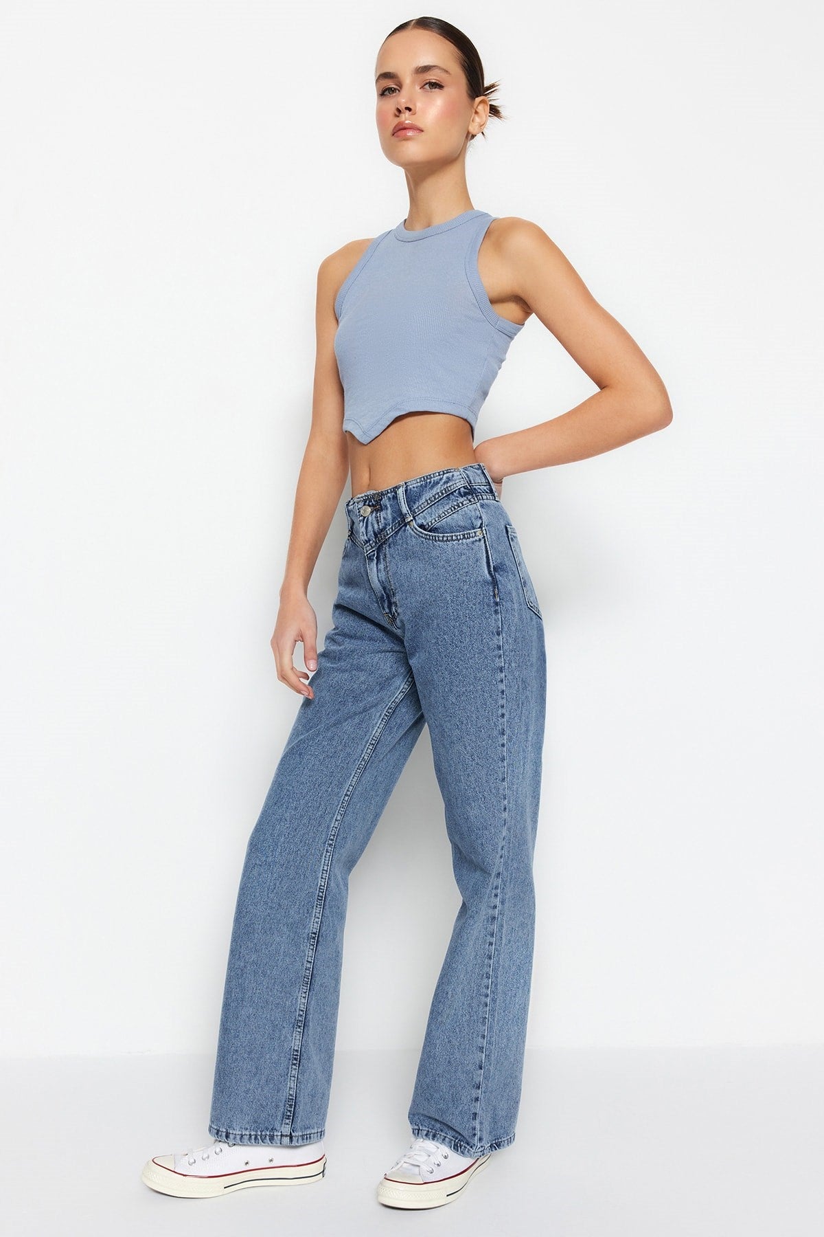 Blue Waist Detailed High Waist Wide Leg Jeans Twoss21je0385