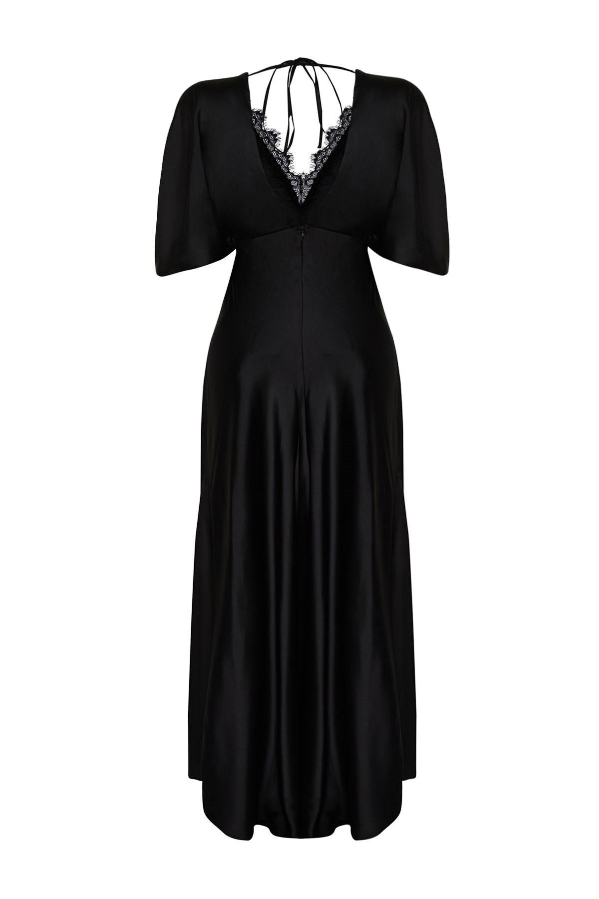 Black Lace Detailed Satin Long Night Evening Dress Tprss24ae00037