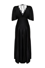 Black Lace Detailed Satin Long Night Evening Dress Tprss24ae00037