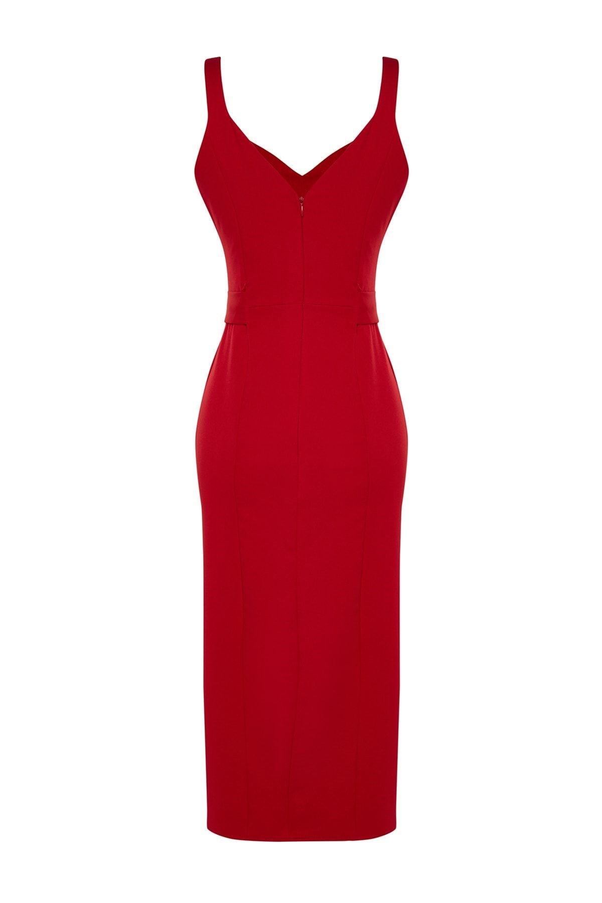 Red Belted Body-fitting Slit Detailed Midi Woven Dress Twoss23el02262