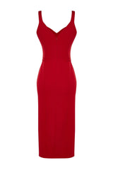 Red Belted Body-fitting Slit Detailed Midi Woven Dress Twoss23el02262