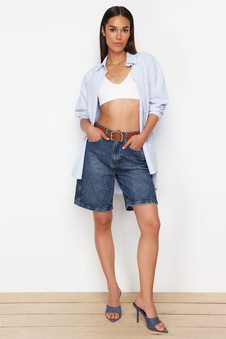 Dark Blue More Sustainable High Waist Denim Shorts & Bermuda Twoss24sr00177