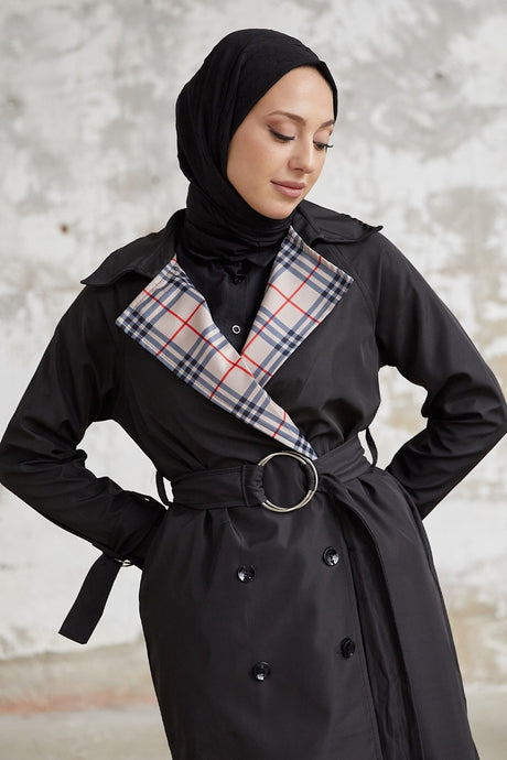 Eleta Double-breasted Collar Plaid Trench Coat - Black Ms0in1001