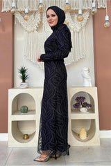 Women's Black Patterned Evening Dress T 0411 24yabltr0411