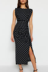 Black Polka Dot Back Neckline Slit Detailed Maxi Flexible Knitted Pencil Dress Twoss23el02326