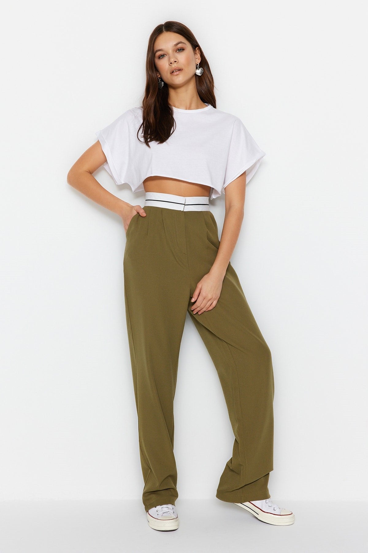 Khaki Wide Leg High Waist Belt Detailed Woven Pants Twoss23pl00150