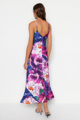 Multicolor Floral Pattern Straight Cut Strappy Midi Satin Woven Dress Twoss23el02416