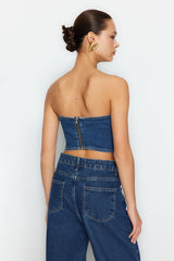 Blue Asymmetric Strapless Denim Bustier Twoss24bs00002