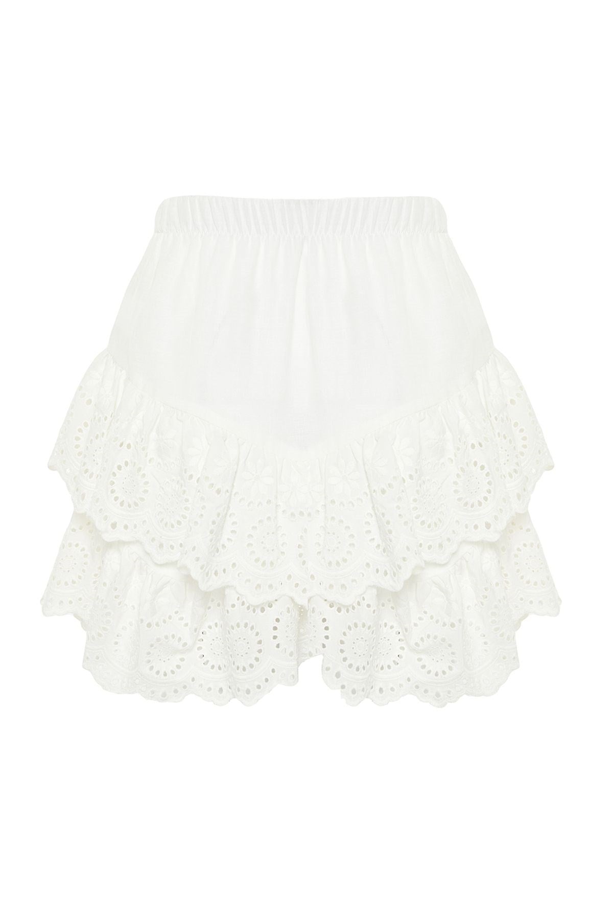 Bridal White Mini Woven Ruffle 100% Cotton Skirt Tbess24et00004