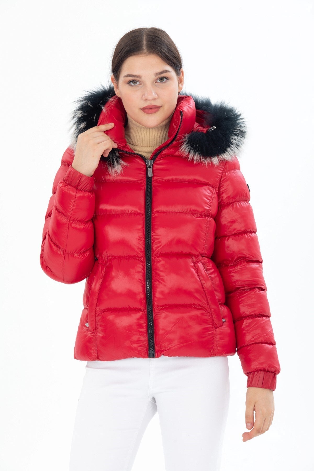 Women's Short Removable Fur Hooded Padded Inflatable Coat 8347 Gfx8347