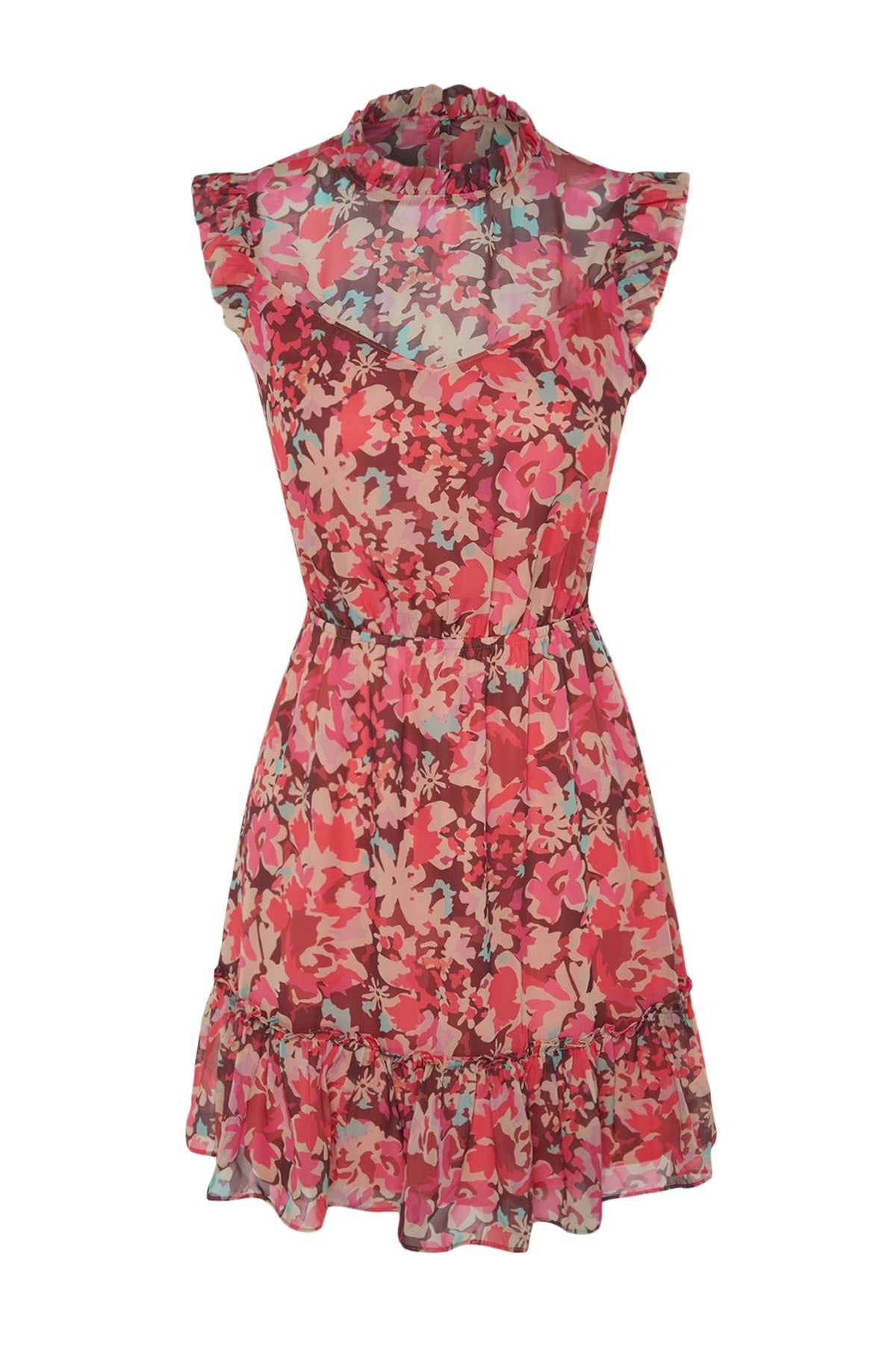 Pink Floral Print Slit Waist Mini Woven Dress Twoss23el02008