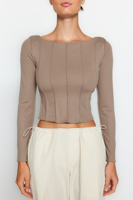 Beige Stitching Detailed Carmen Neckline Fitted/body-fitting Ribbed Knit Blouse Twoaw24bz00127