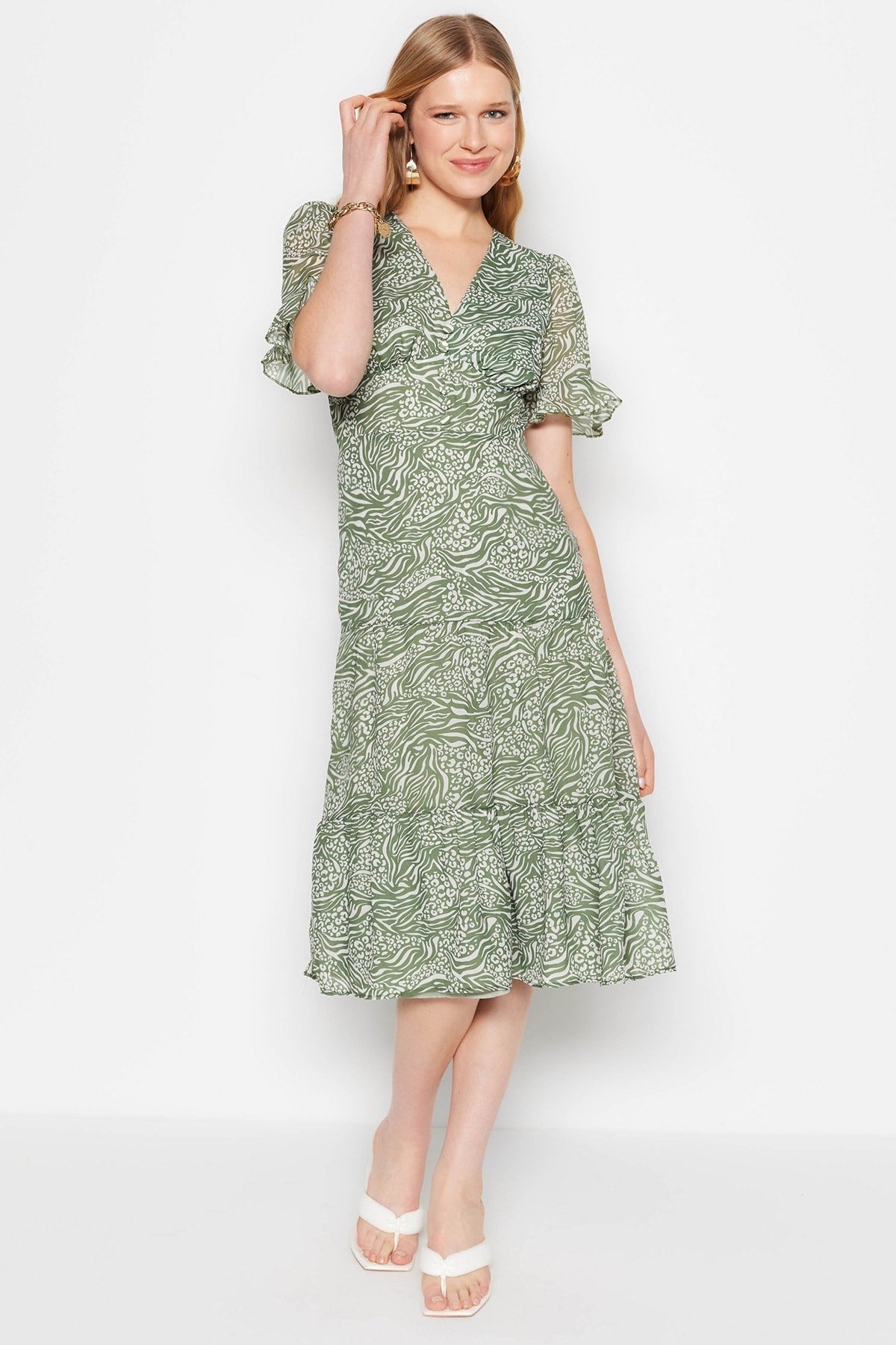 Green Animal Print A-cut Ruffle Midi Lined Chiffon Woven Dress Twoss23el00995