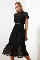 Black Belted A Cut Lined Midi Woven Dress Twoss20el0983