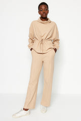 Beige Thessaloniki Fabric Rib Detailed Pockets Wide Straight/plain Knitted Sweatpants Twoaw24ea00021