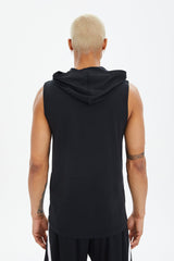 Men's Blue Cotton Plain Printed Pocket Hooded Sleeveless Casual Sports Zero Sleeve Athlete T-shirt T